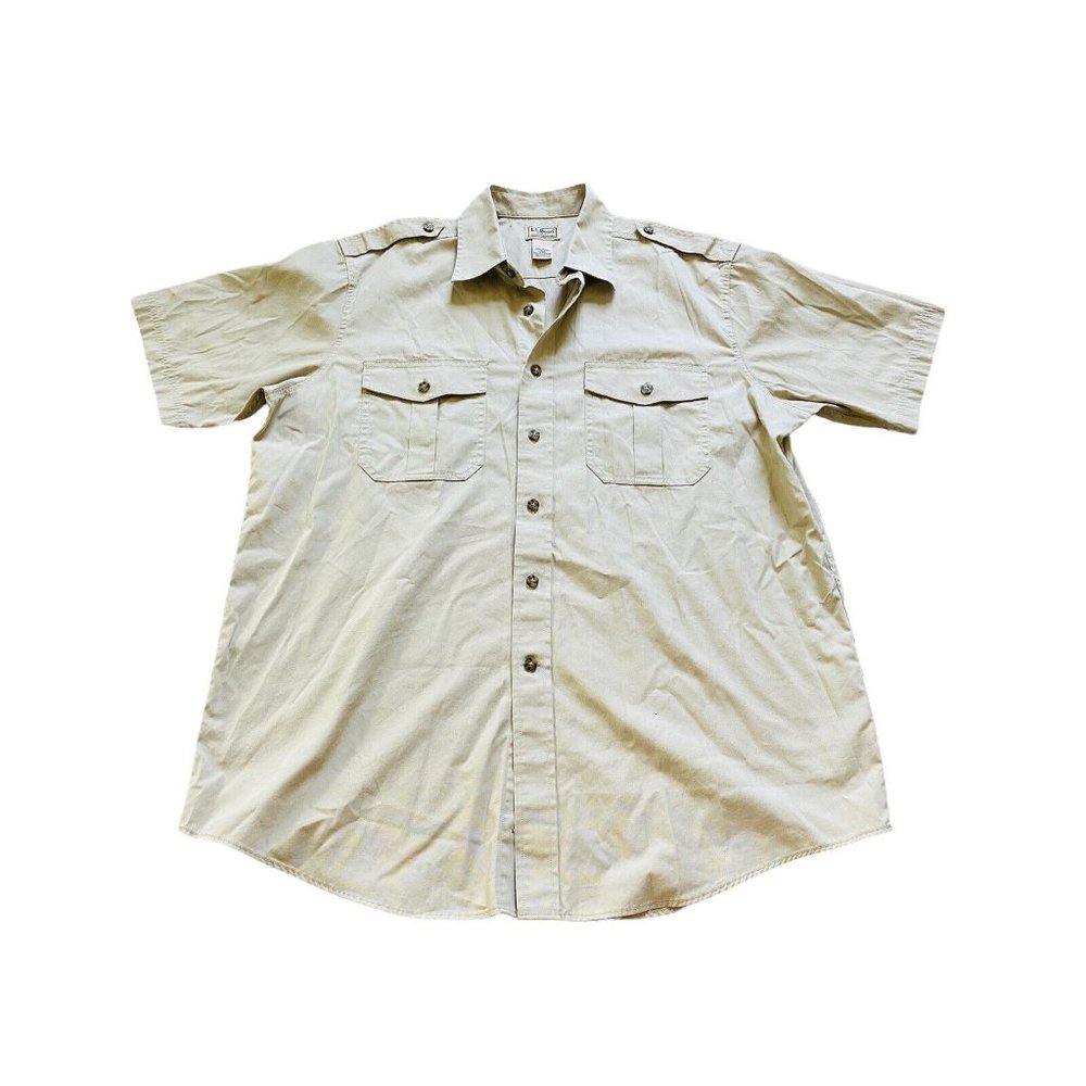 L.L. Bean Men's Button Front Shirt Large Tan Solid Short Sleeve (C)